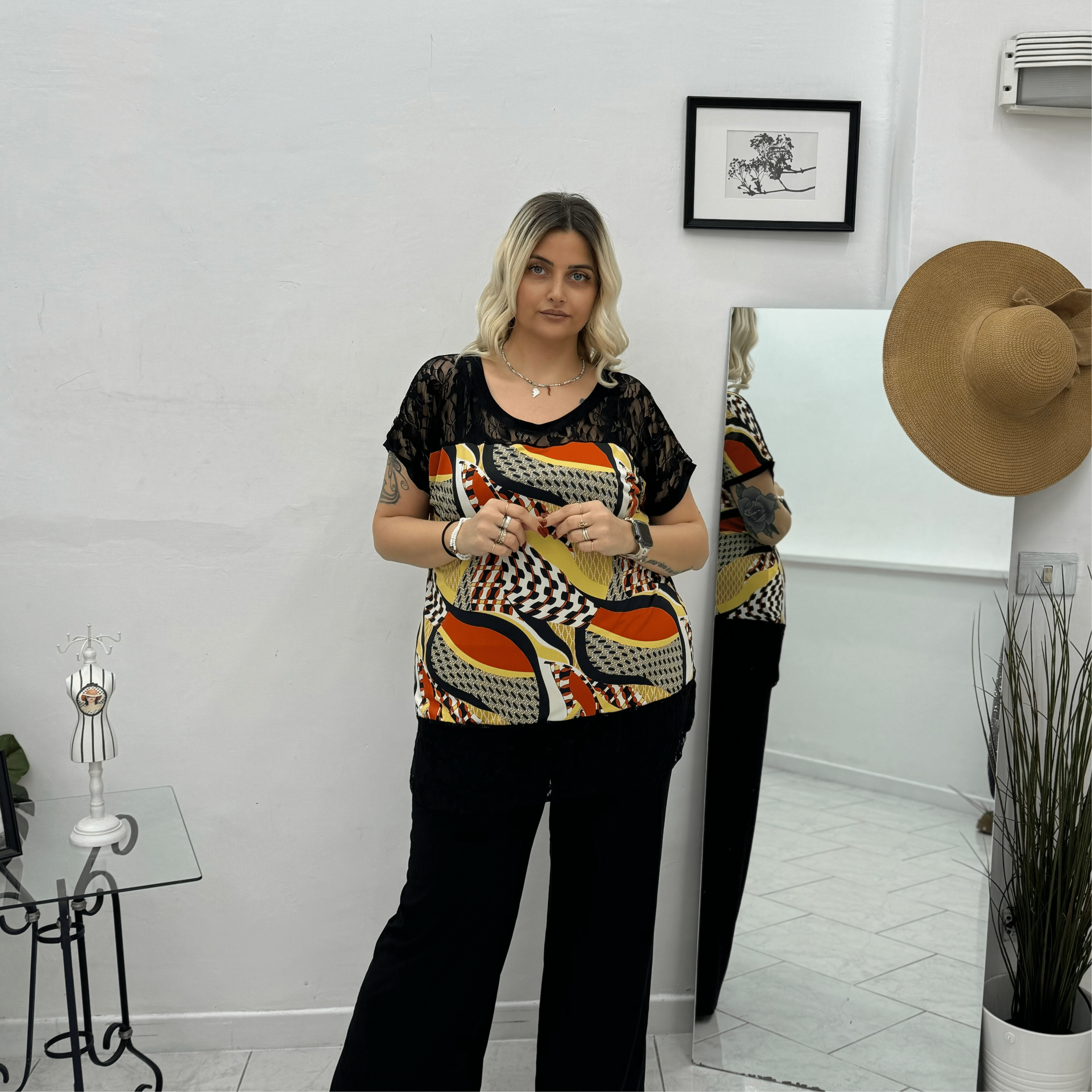 Casacca a fantasia con merletto donna curvy