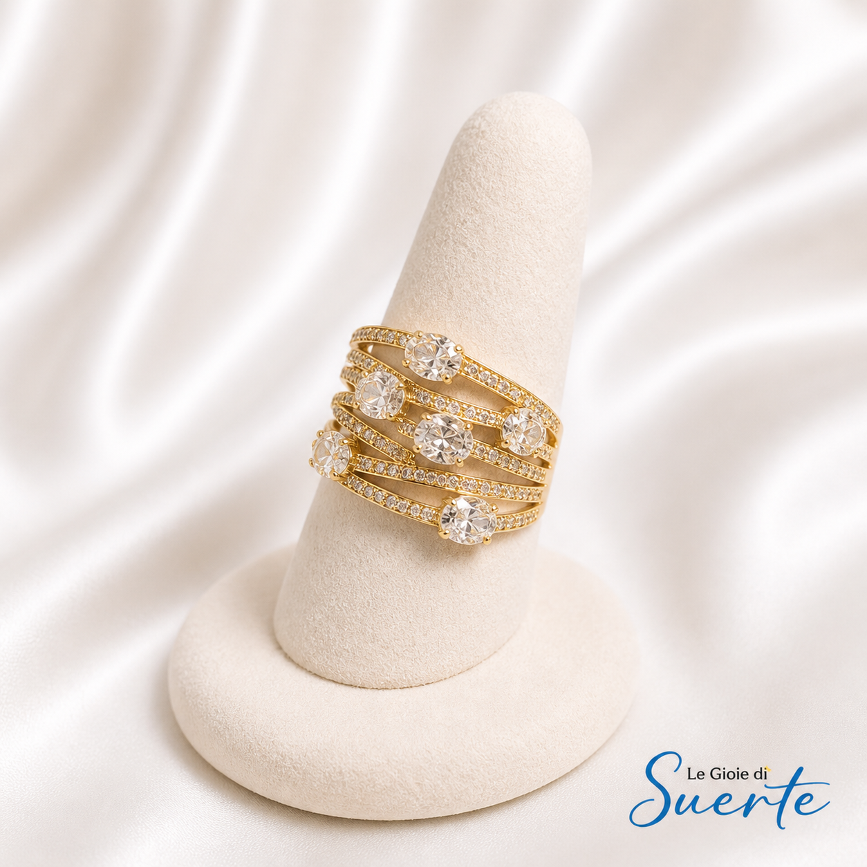 Anello Fasce Dorate con Cristalli Brillanti