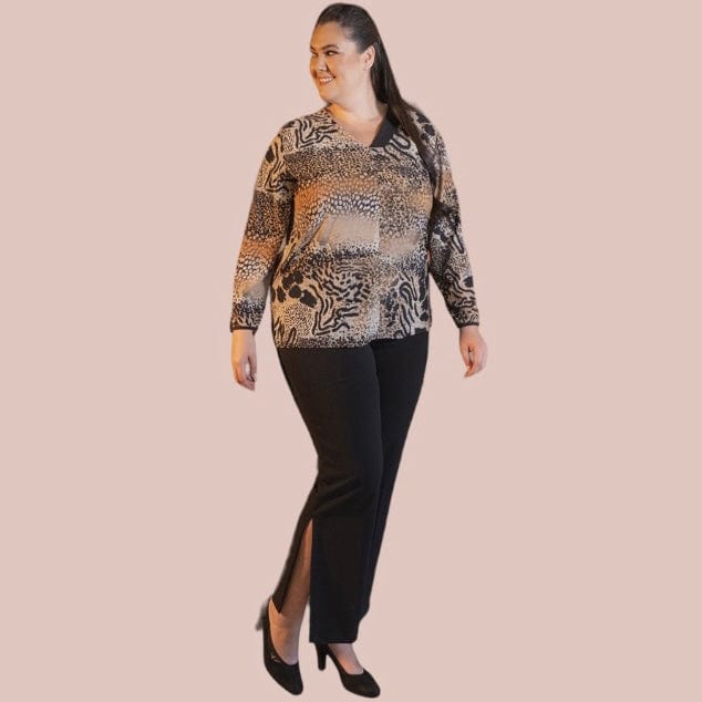 Casacca scollo a V donna curvy a fantasia marrone e nero