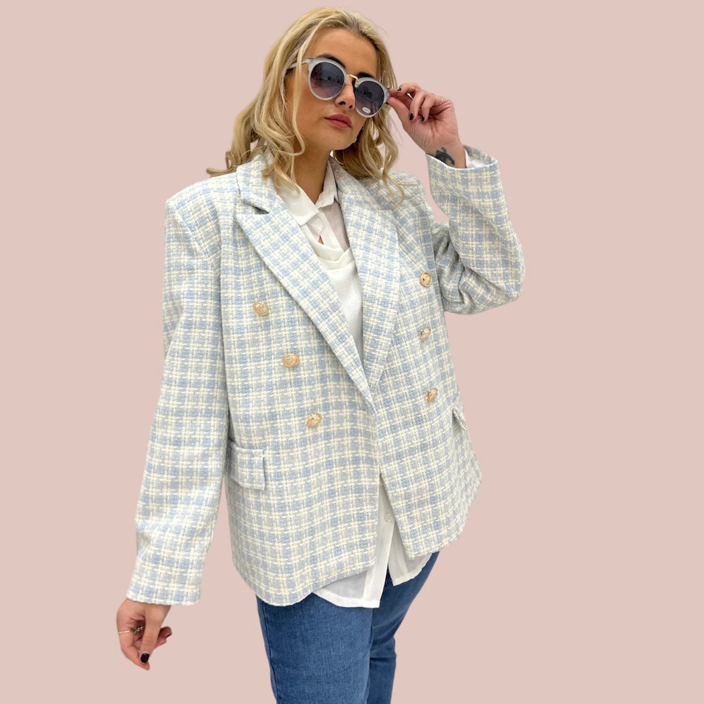 Giacca a quadri moda curvy Diana celeste