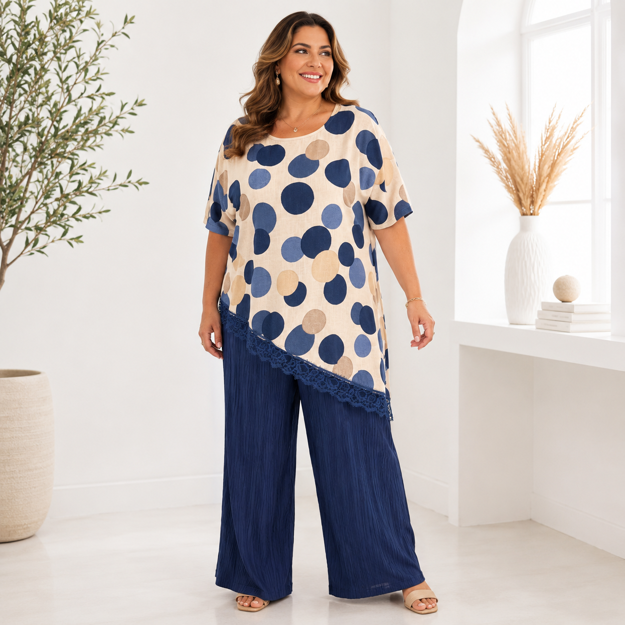 Casacca Pois Chic in Viscosa con Dettaglio Pizzo