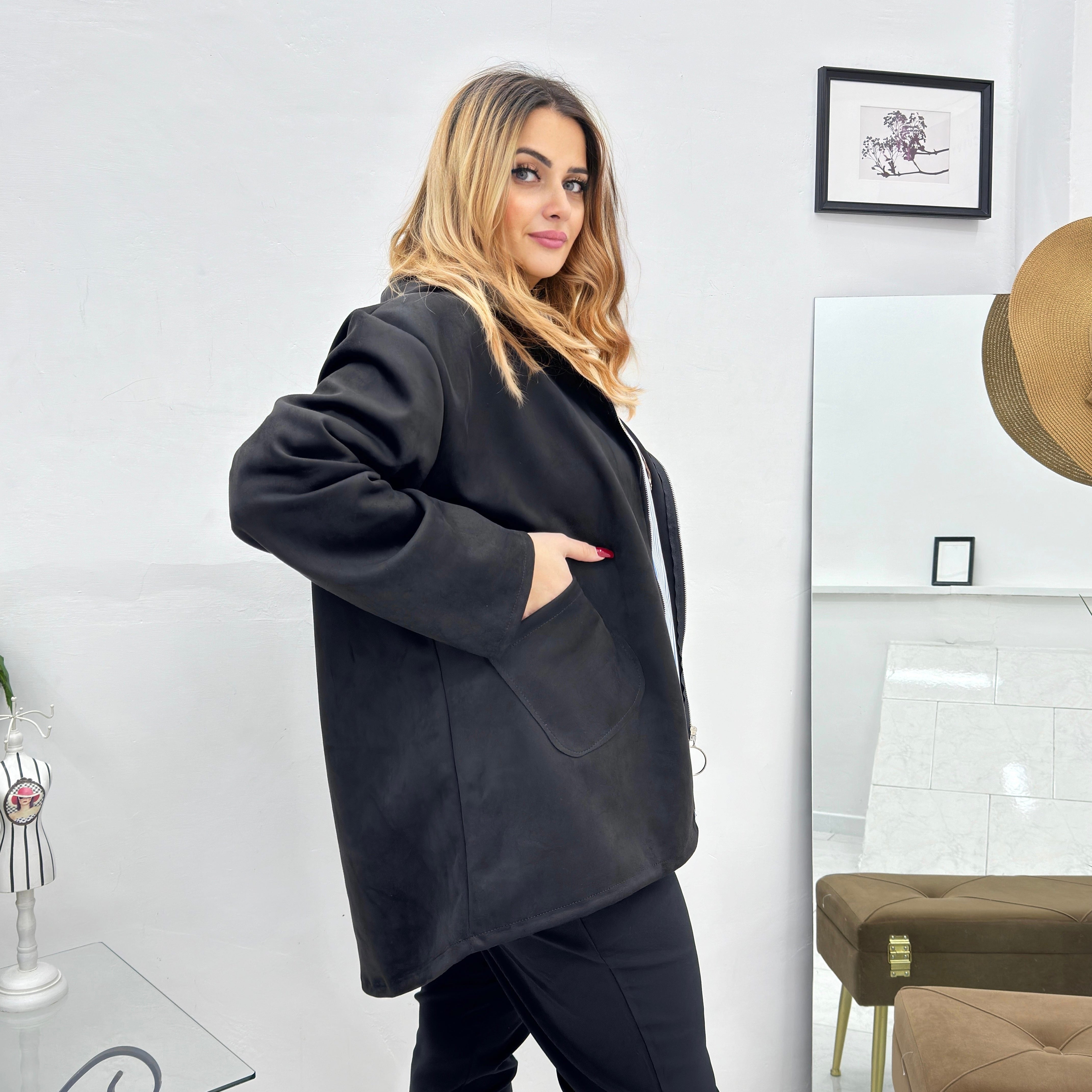 Giacca in eco daino con cappuccio Caban